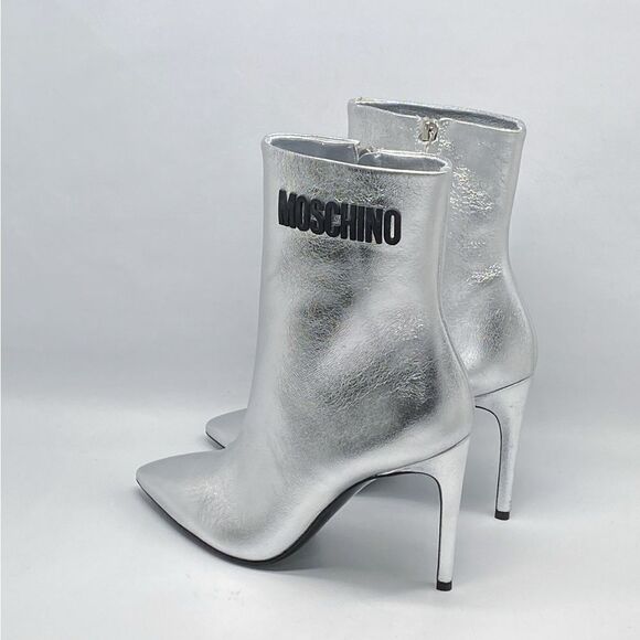 Moschino Logo-Detailed Metallic Leather High-Heel Booties size 38 - Picture 7 of 15